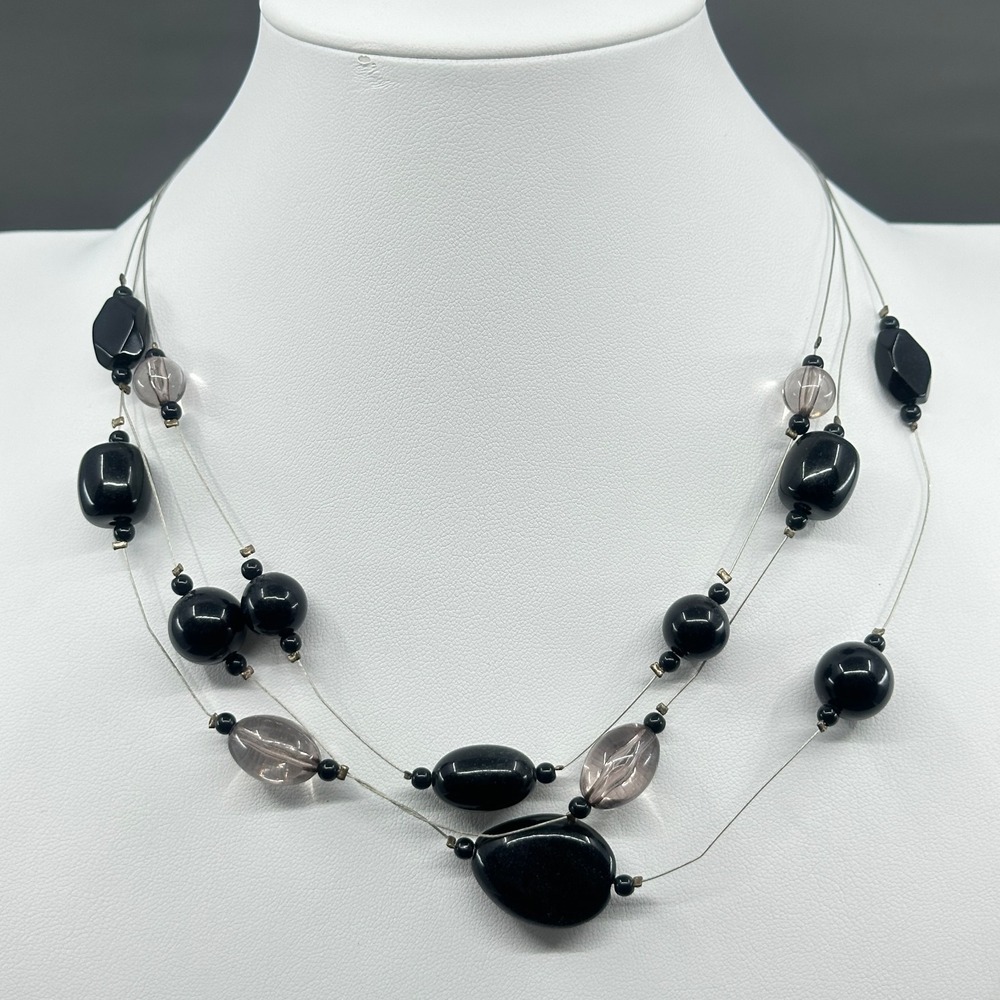 Black Multi Strand Beaded Necklace Smoky Clear Accents Gothic Statement Jewelry